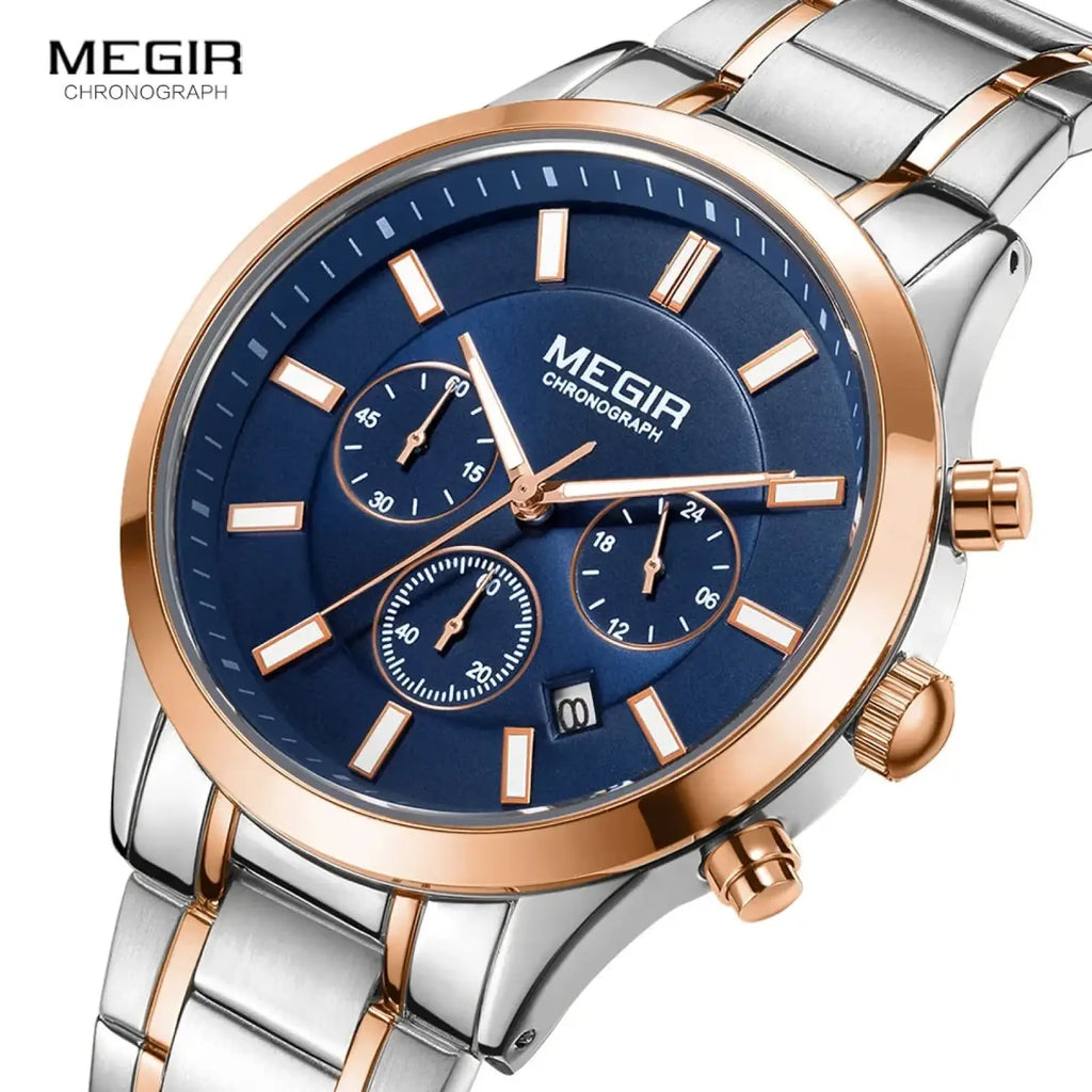Megir men chronograph stainless steel watch with two-tone rose gold, deep blue dial, three subdials, and rectangular markers