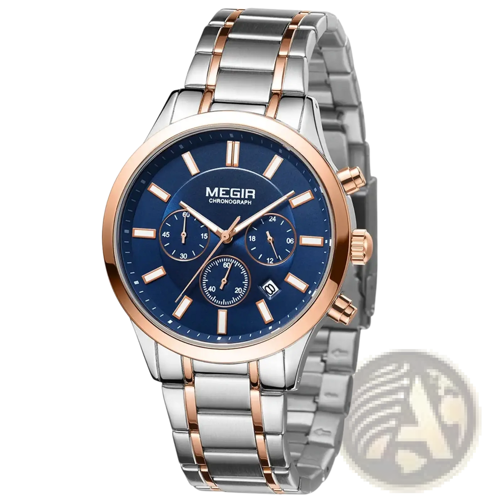 Megir men chronograph stainless steel watch with two-tone rose gold, deep blue dial, three subdials, and rectangular markers