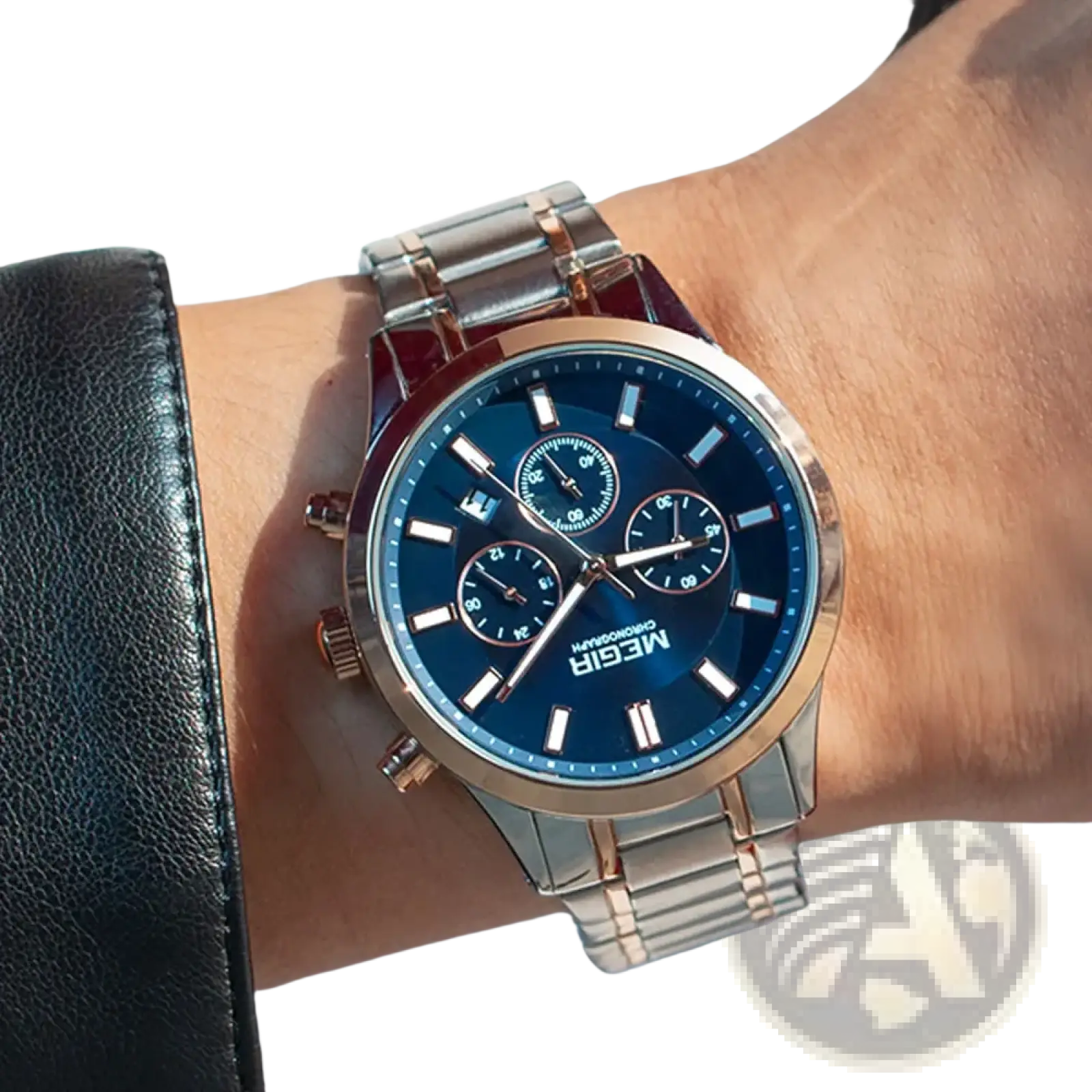 Megir men chronograph stainless steel watch with two-tone rose gold, deep blue dial, white markers, and three sub-dials