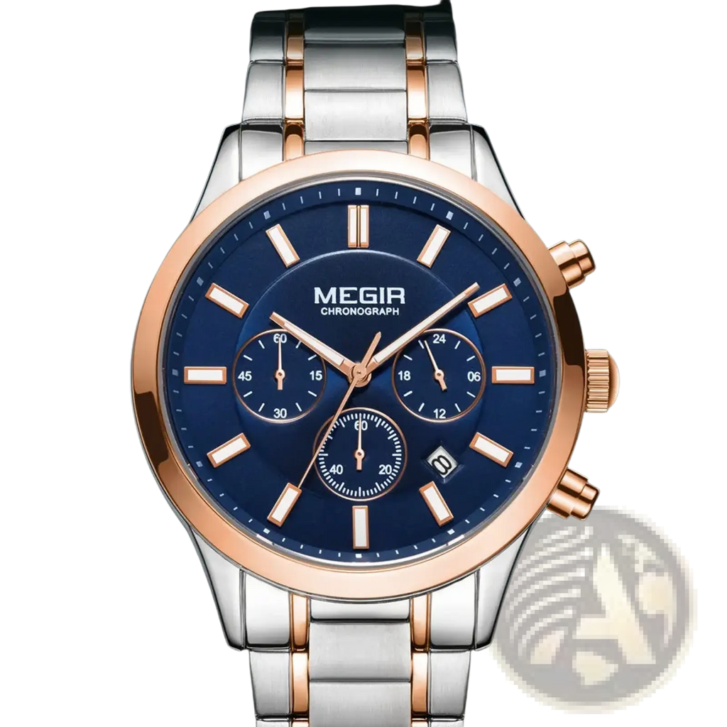 Megir men chronograph stainless steel watch with two-tone rose gold and deep blue dial featuring three subdials