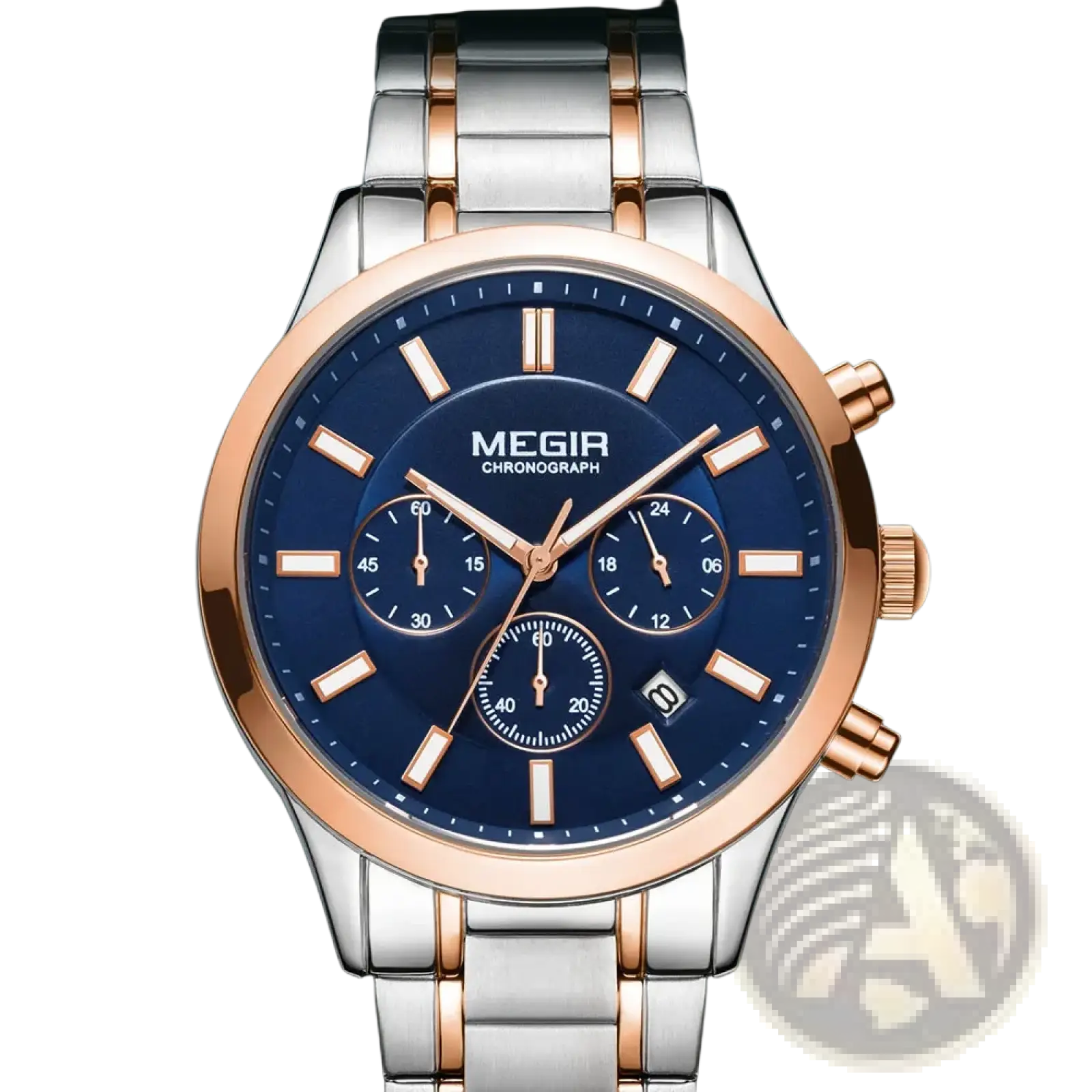 Megir men chronograph stainless steel watch with two-tone rose gold and deep blue dial featuring three subdials