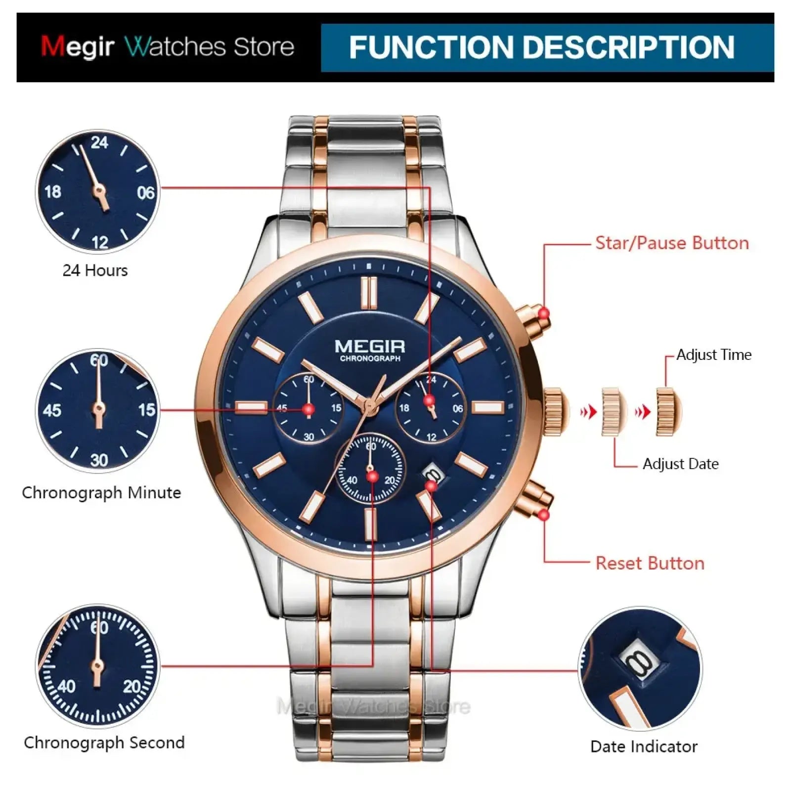A megir men chronograph stainless steel watch with two-tone rose gold, deep blue dial, and luminous markers