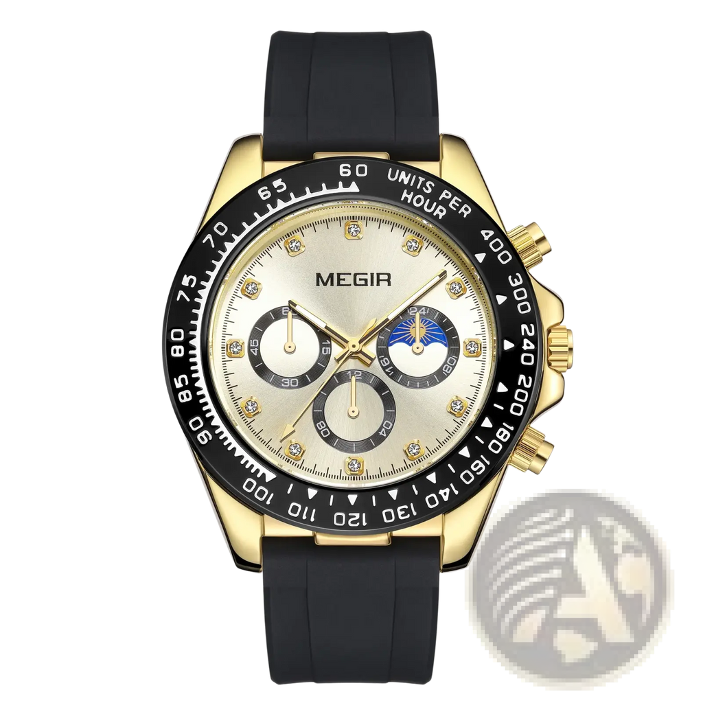 Megir men luxury sports quartz watch gold-tone chronograph with black rubber strap and diamond accents on silver dial