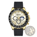 Megir men luxury sports quartz watch gold-tone chronograph with black rubber strap and diamond accents on silver dial