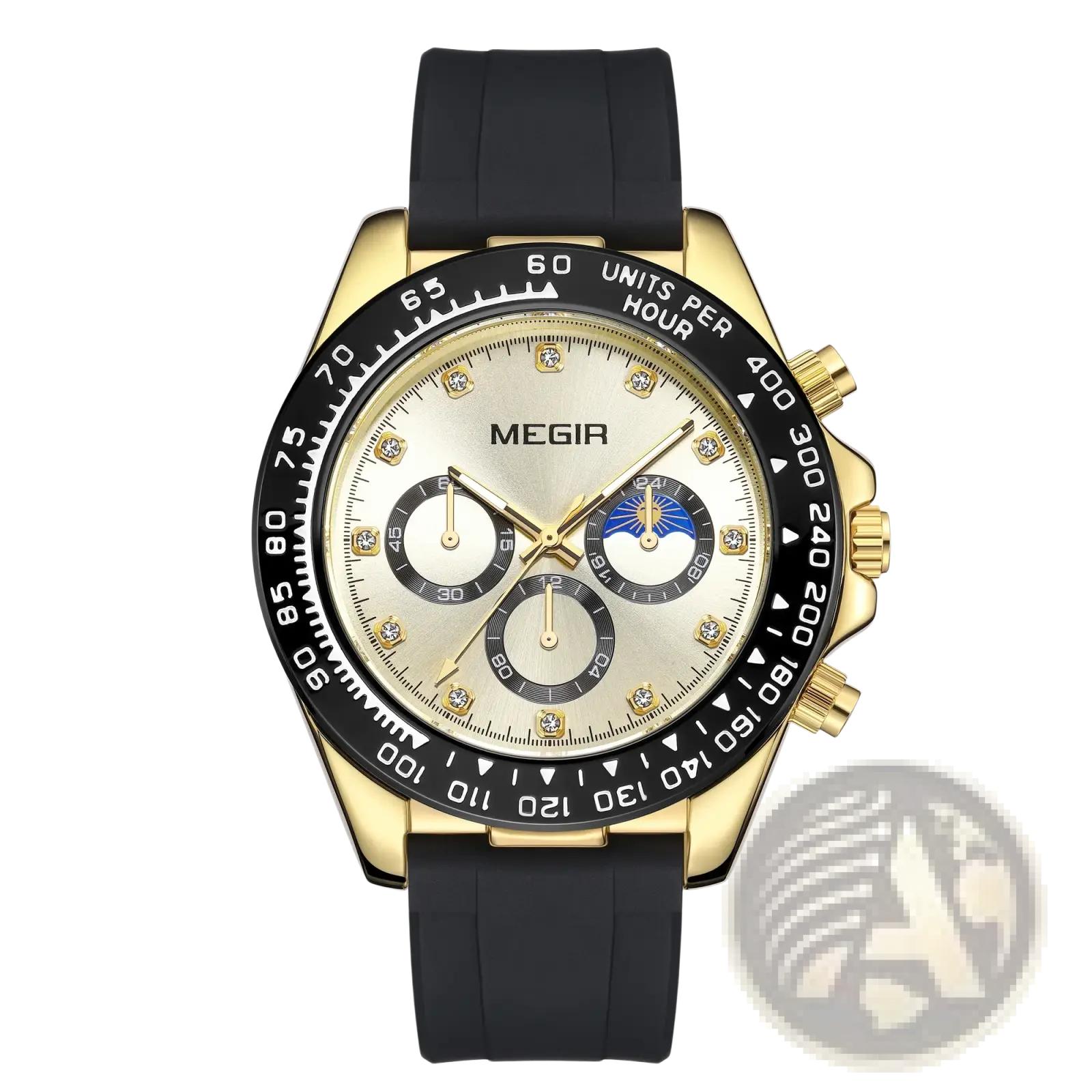 Megir men luxury sports quartz watch gold-tone chronograph with black rubber strap and diamond accents on silver dial