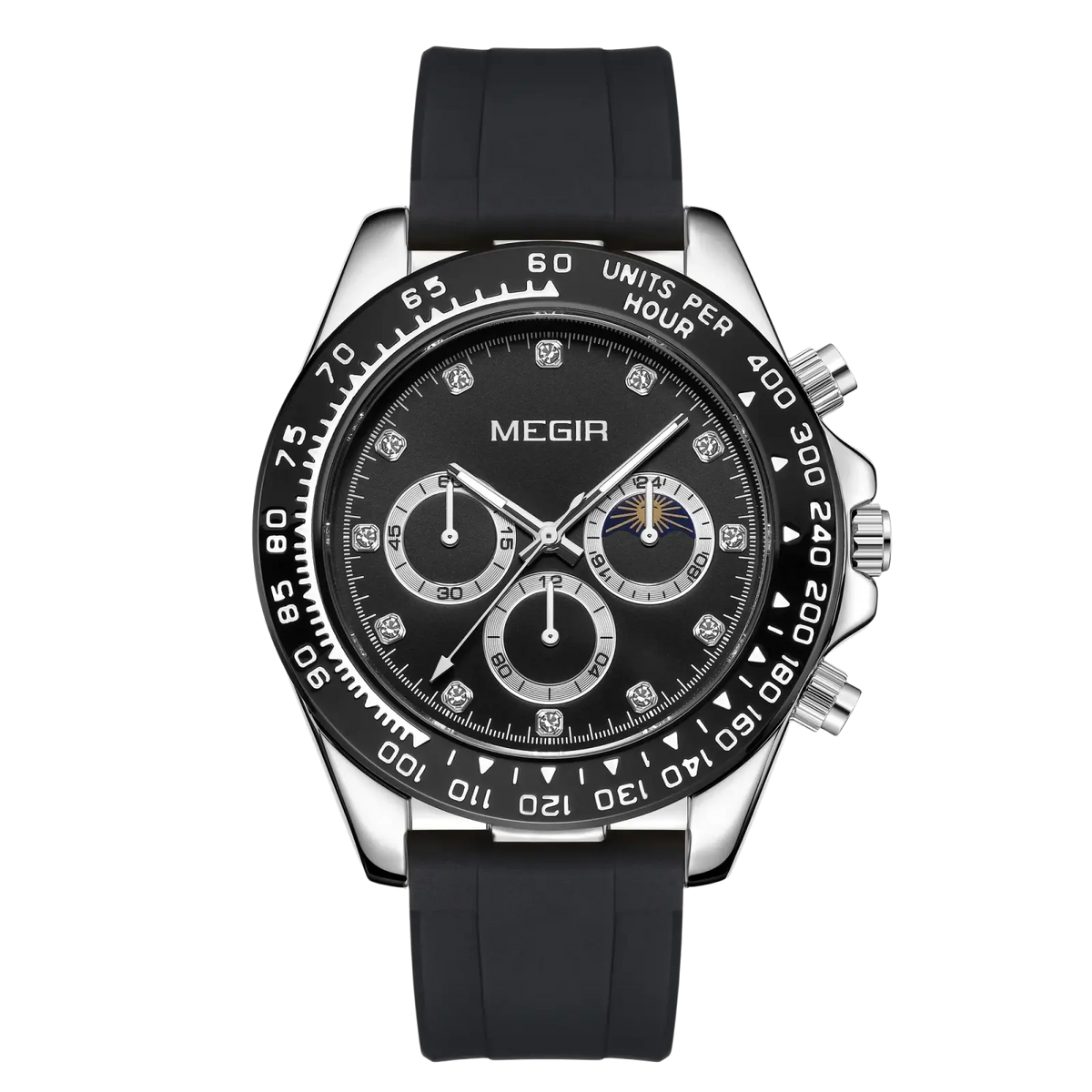 Megir Men luxury sports quartz chronograph watch with black rubber strap silver-tone case and diamond accents on dial
