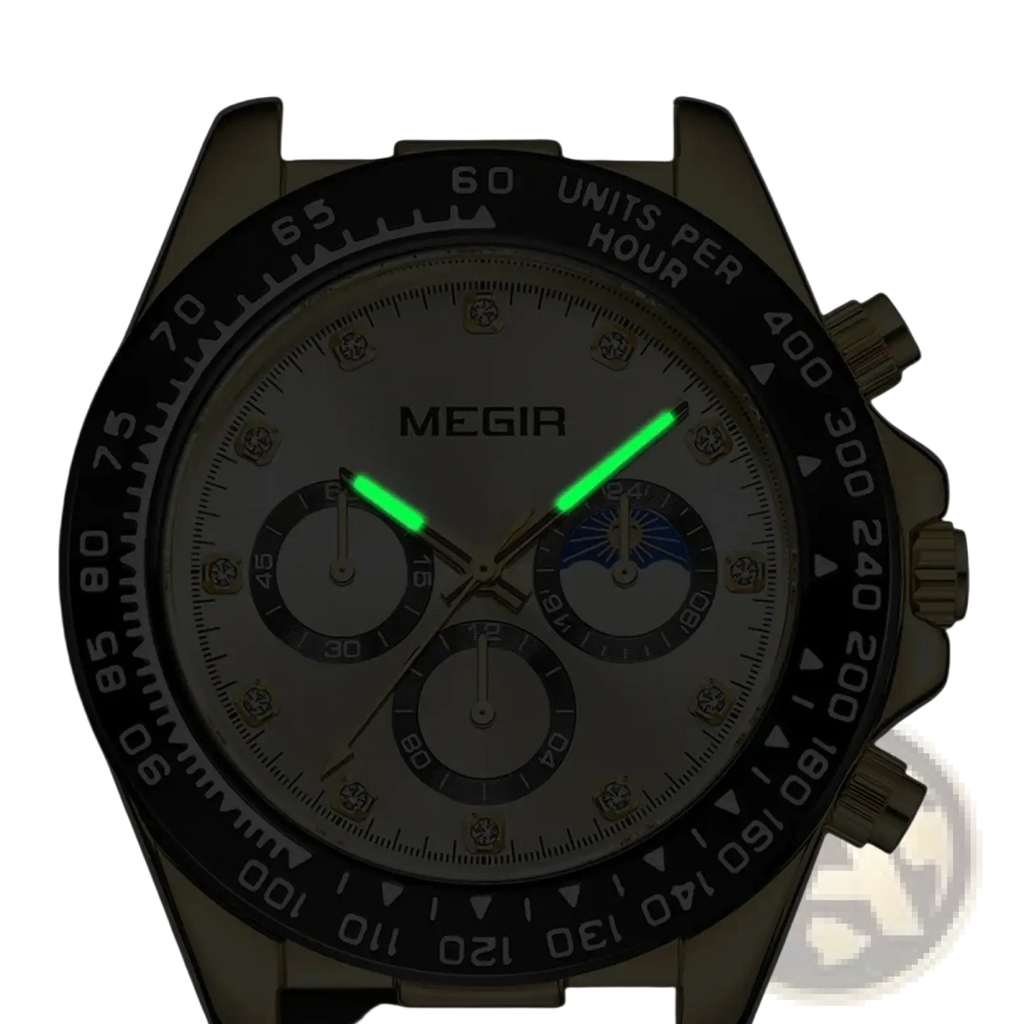 Megir men luxury sports quartz chronograph watch with silver-toned case black bezel and luminous green hands