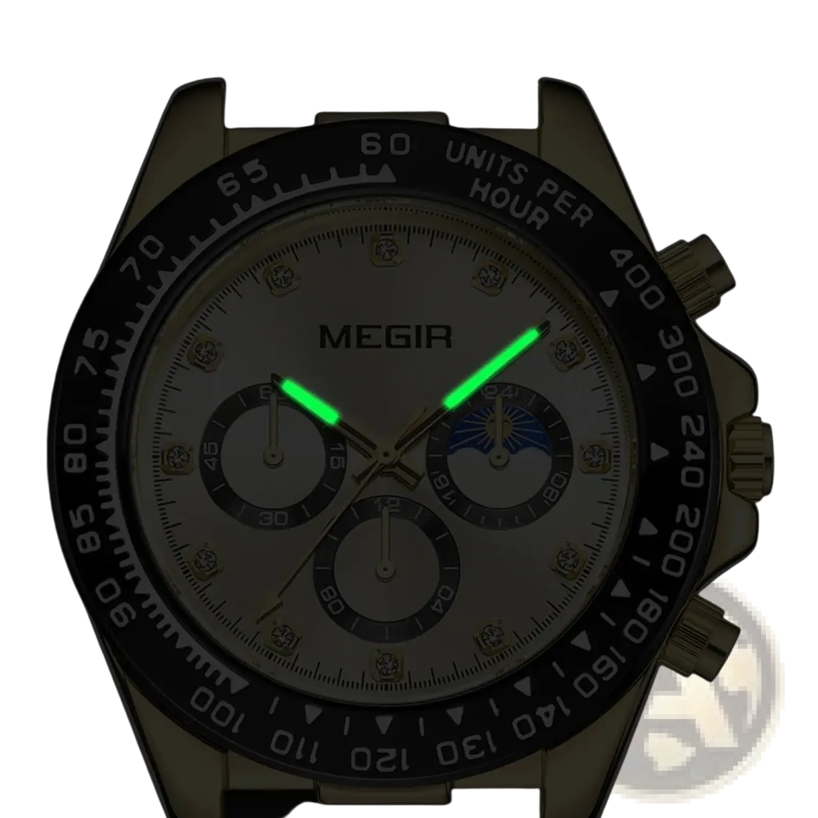 Megir men luxury sports quartz chronograph watch with silver-toned case black bezel and luminous green hands