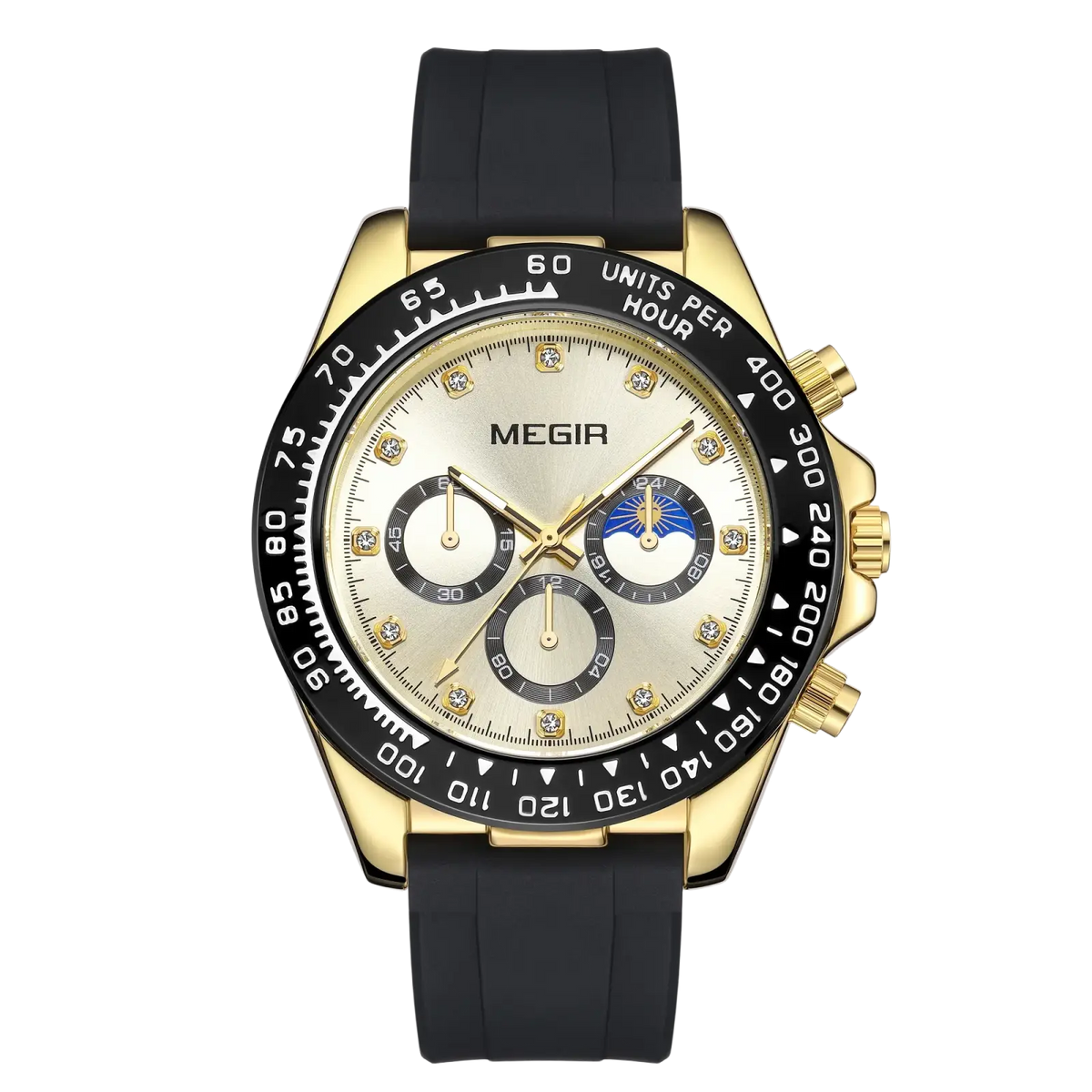 Megir men luxury sports quartz watch gold-tone chronograph with black rubber strap and diamond accents on silver dial