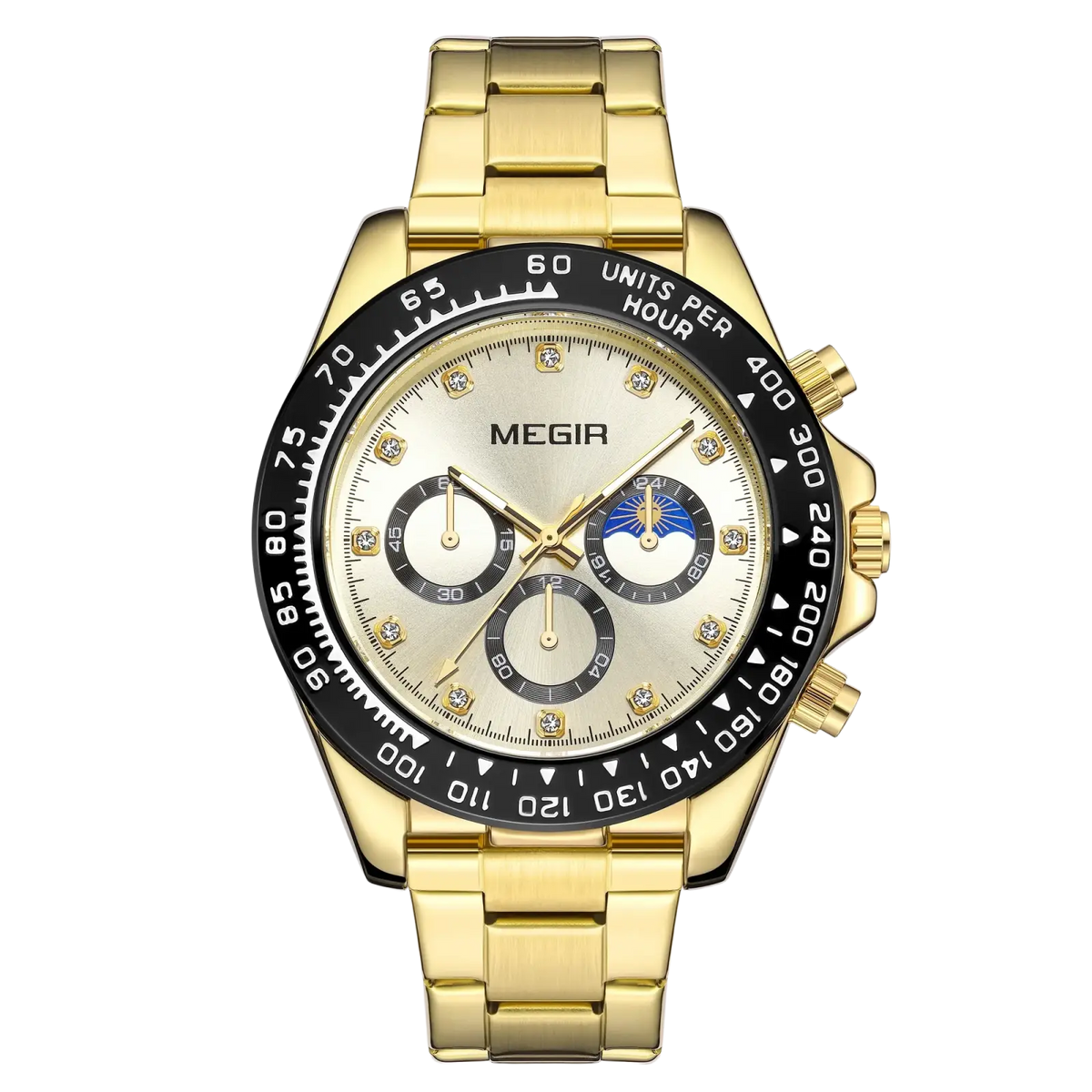 Megir men luxury sports quartz watch with gold-tone chronograph, silver dial, black bezel, and diamond hour markers