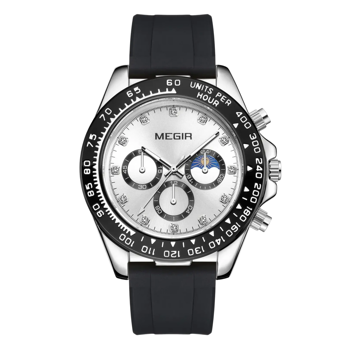 Megir men luxury sports quartz watch with silver-faced chronograph dial, diamond accents, and black rubber strap