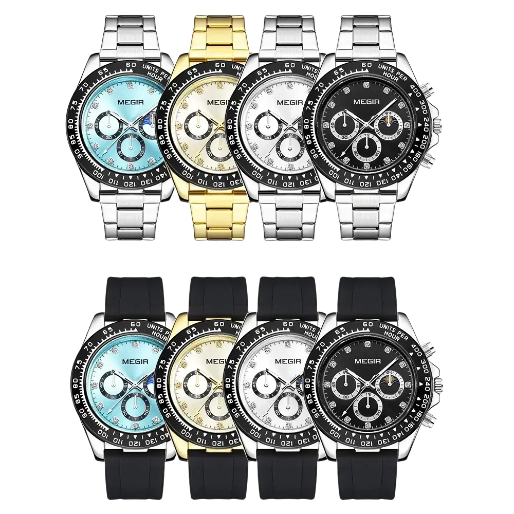 Megir men luxury sports quartz watches in silver and gold tones with diamond bezel accents and black or white dials