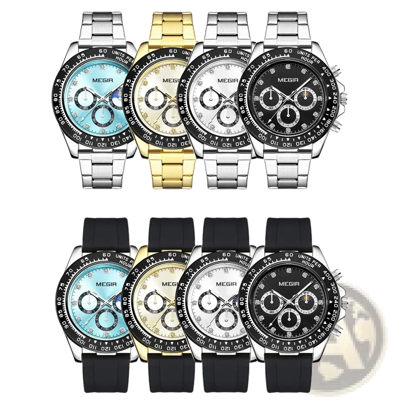 Megir men luxury sports quartz watches in silver and gold tones with diamond bezel accents and black or white dials