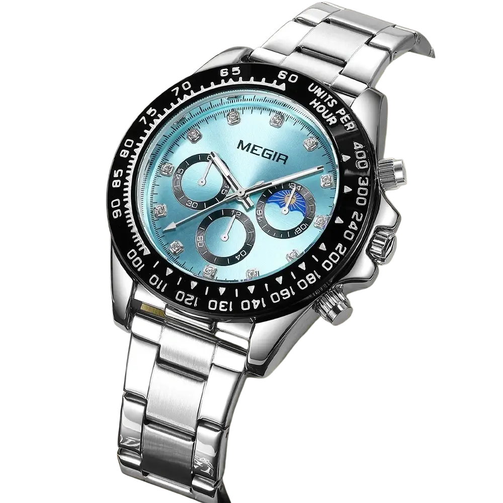 Megir men luxury sports quartz watch with silver-toned case, light blue dial, diamond markers, and black bezel marked to 360 degrees