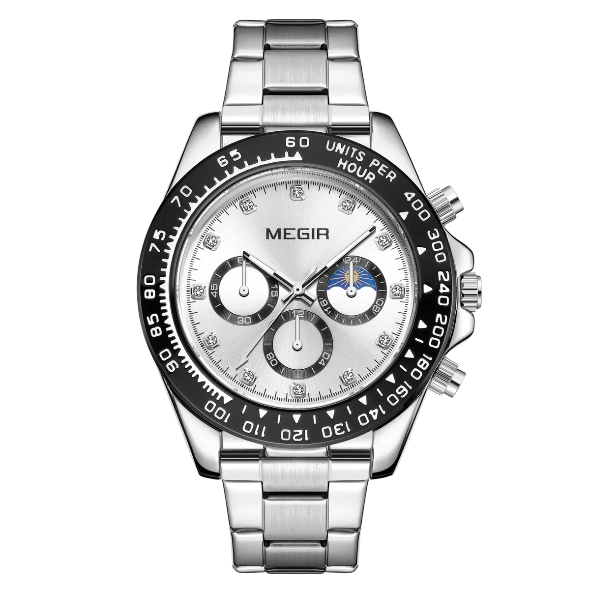 Megir men luxury sports quartz watch with silver-toned chronograph, stainless steel bracelet, black bezel, and diamond accents
