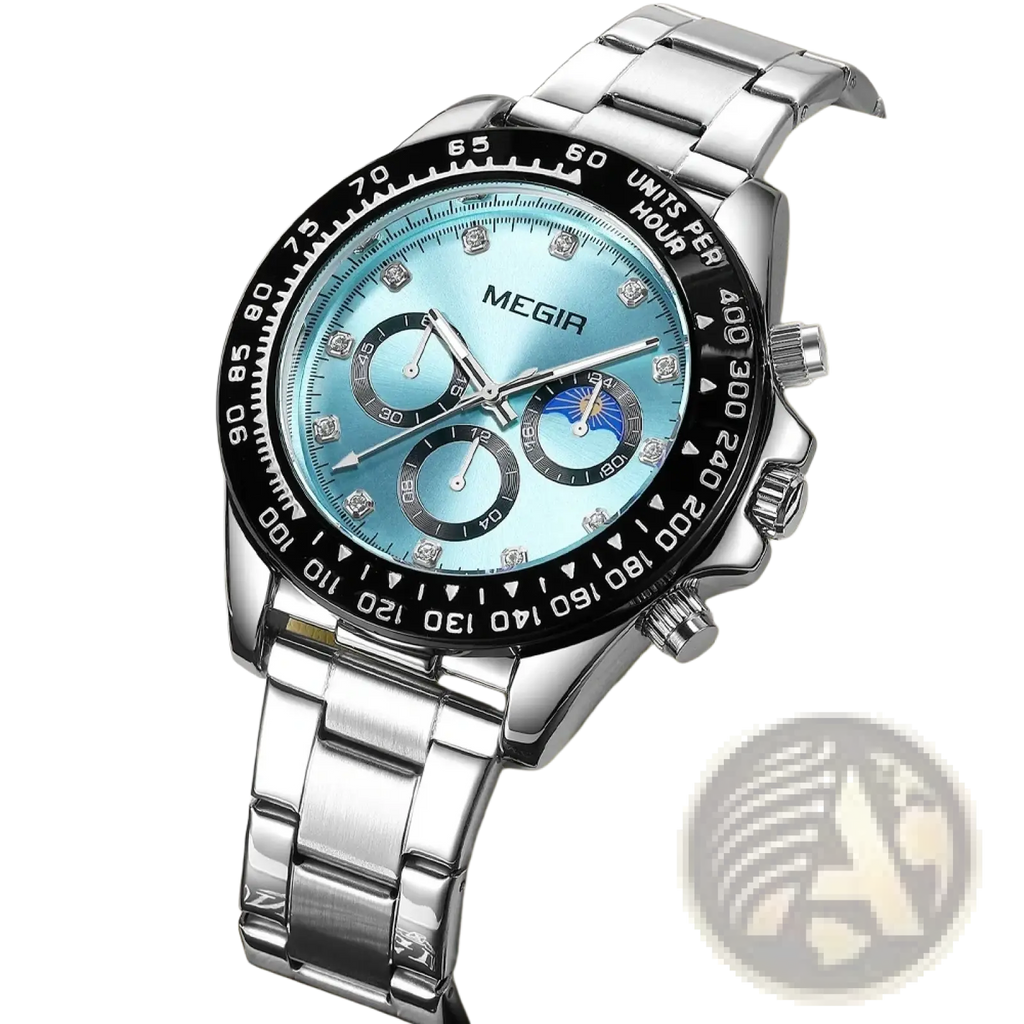 Megir men luxury sports quartz watch with silver-toned case, light blue dial, diamond markers, and black bezel marked to 360 degrees
