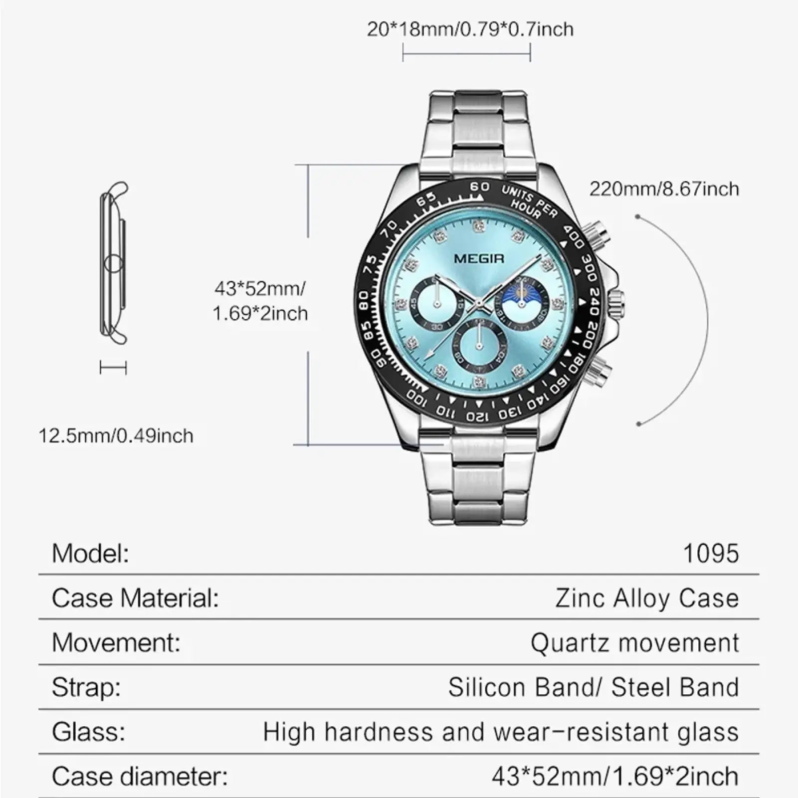 Megir men luxury sports quartz silver-toned chronograph watch with light blue dial black bezel and stainless steel bracelet