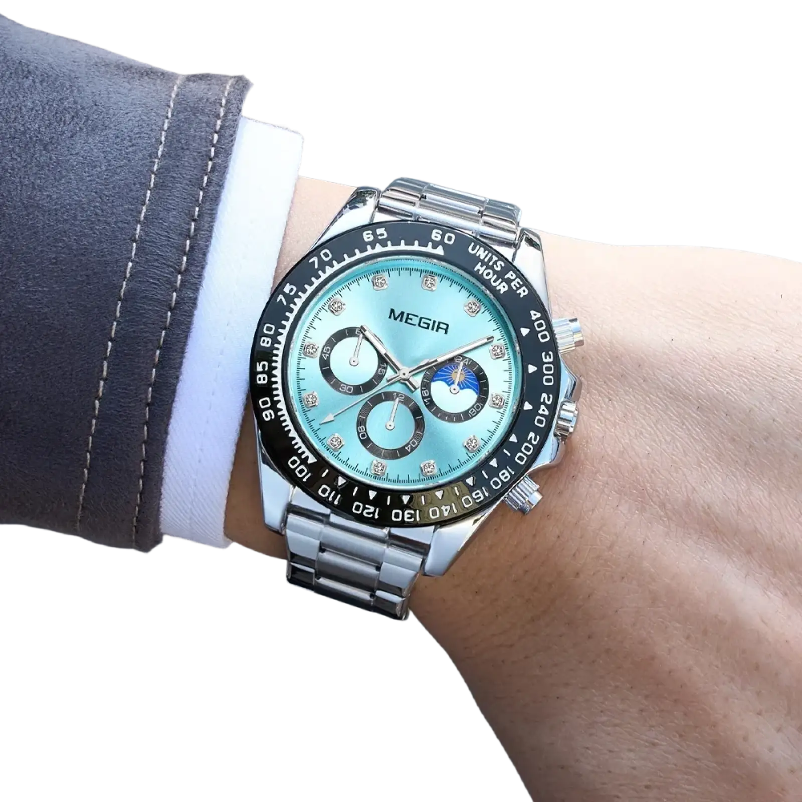 Megir men luxury sports quartz watch with silver tone, light blue dial, black bezel, and diamond hour markers