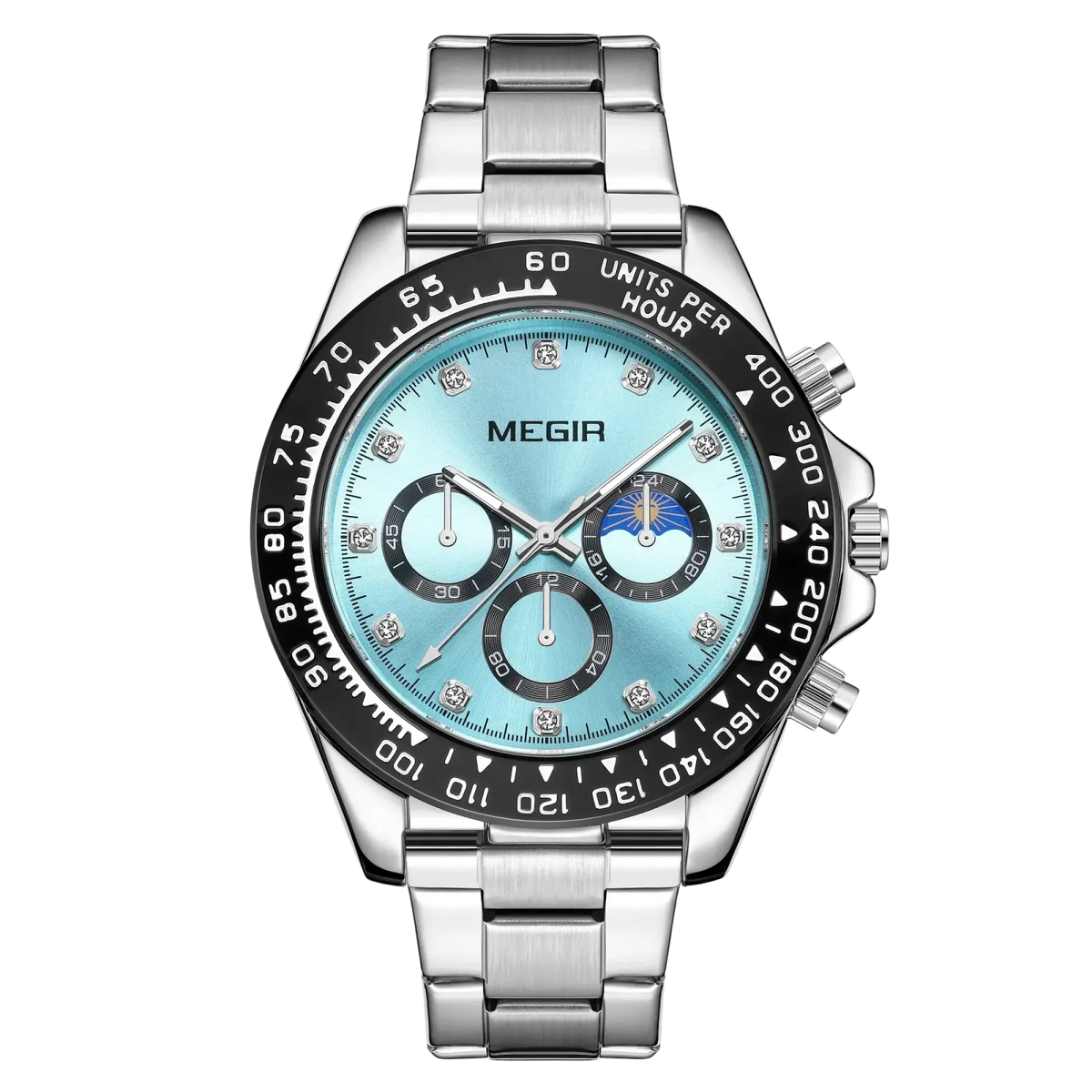 Silver-toned stainless steel megir men luxury sports quartz watch with light blue dial black bezel and moon phase subdial