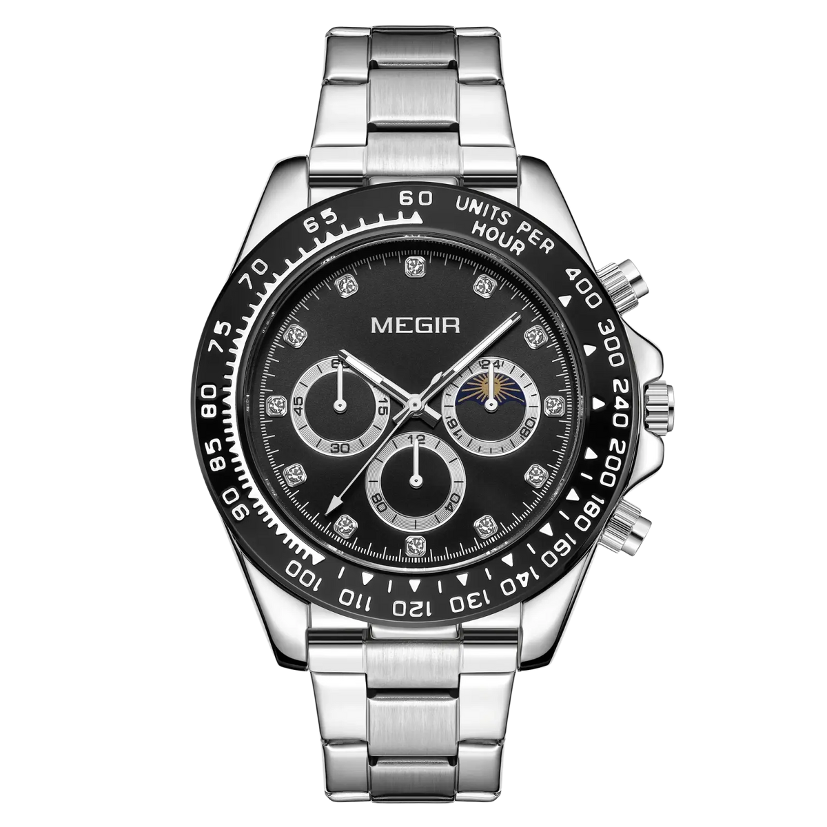 Silver-toned stainless steel Megir men luxury sports quartz watch with black dial diamond bezel and moon phase chronograph