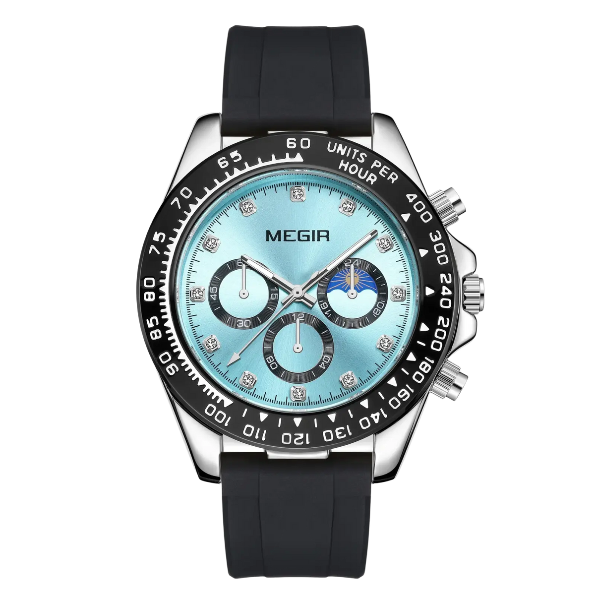 Megir men luxury sports quartz watch with a silver chronograph case, light blue dial, black rubber strap, and diamond bezel accents
