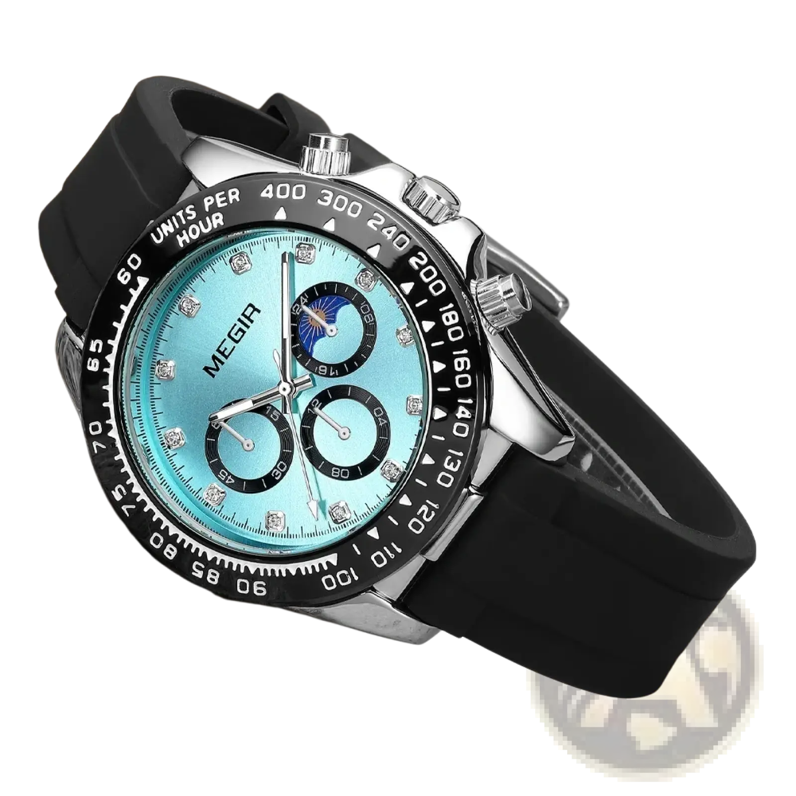 Megir men luxury sports quartz watch with a silver-toned chronograph case, turquoise dial, black rubber strap, and diamond hour markers