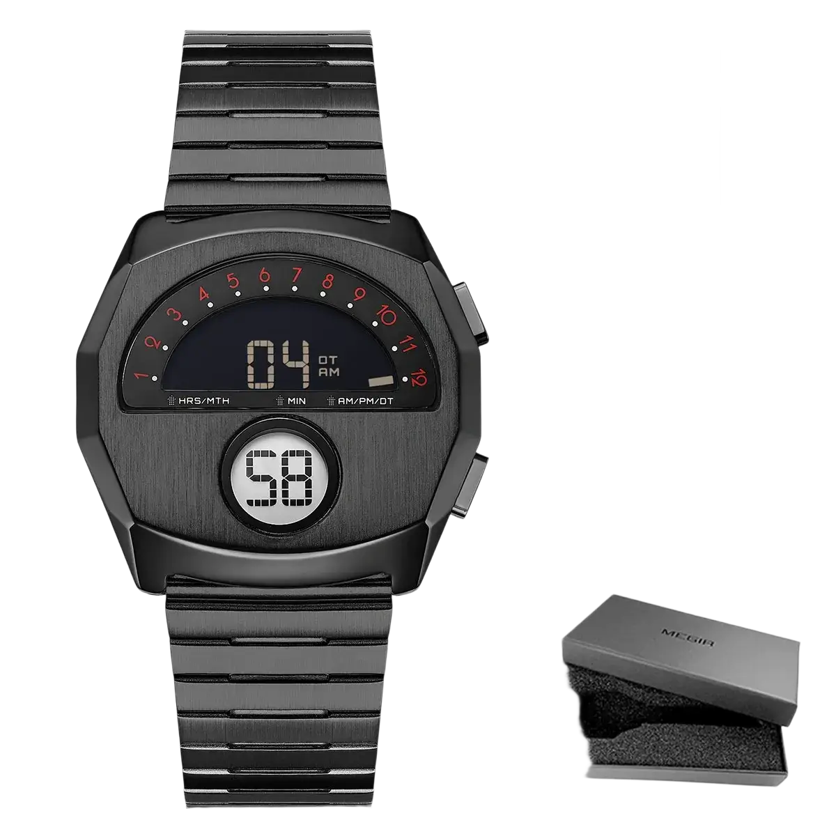 Megir men stainless steel digital watch with black dial, sleek metallic band, and bold red numerals on analog-style face