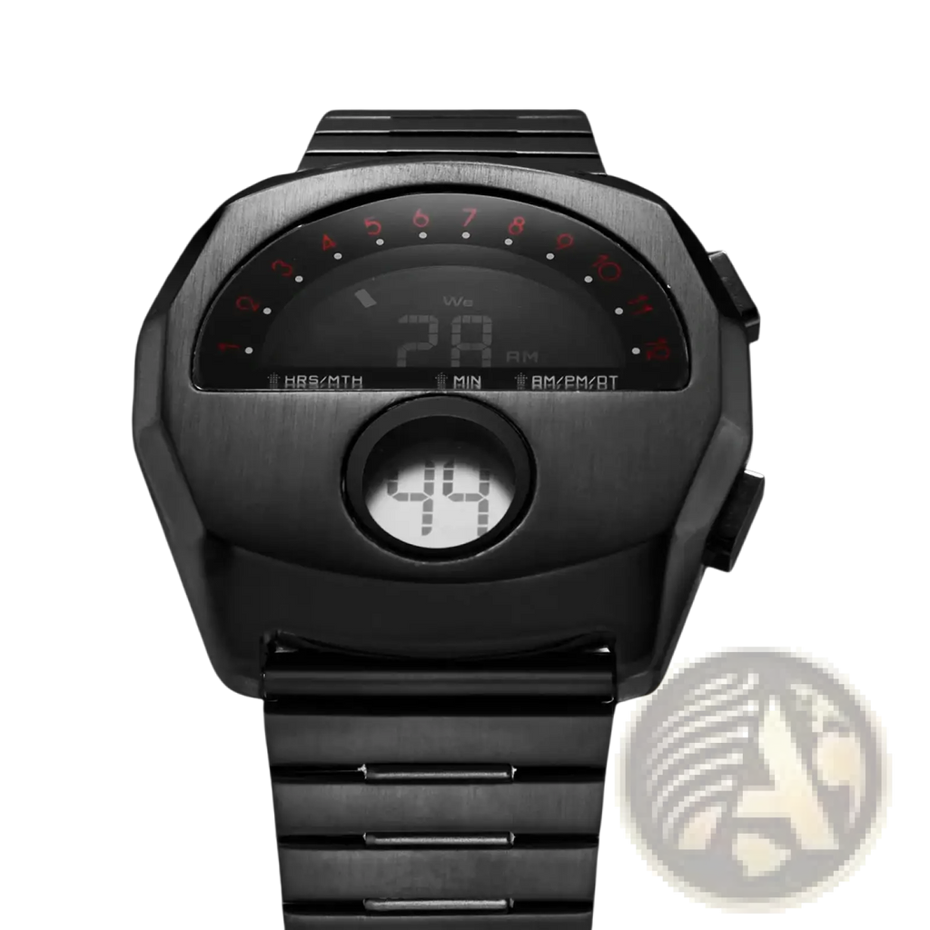 Black Megir men stainless steel digital watch with brushed metal case and red illuminated analog hour markers
