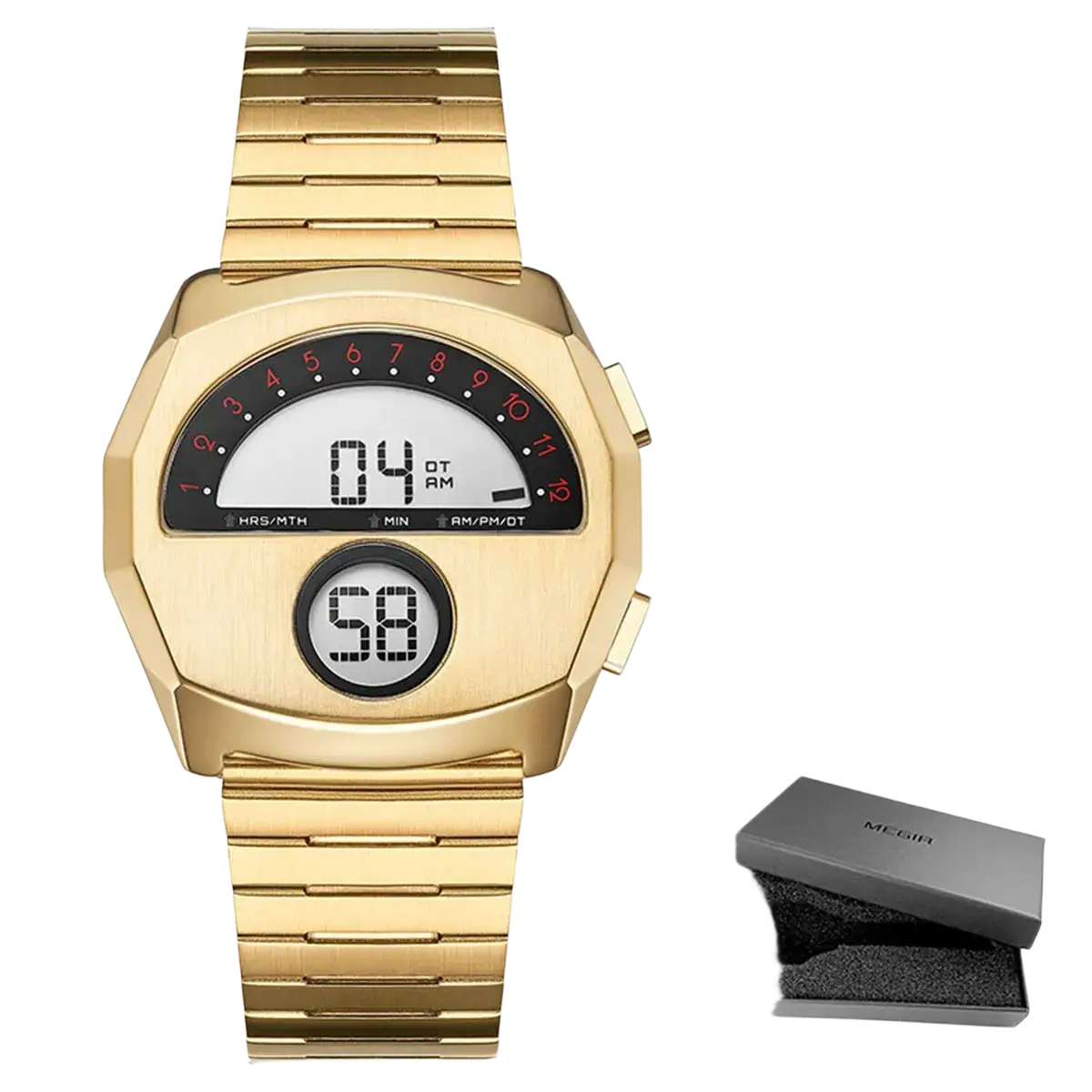 Megir men stainless steel digital watch gold tone with rectangular analog dial and circular secondary display