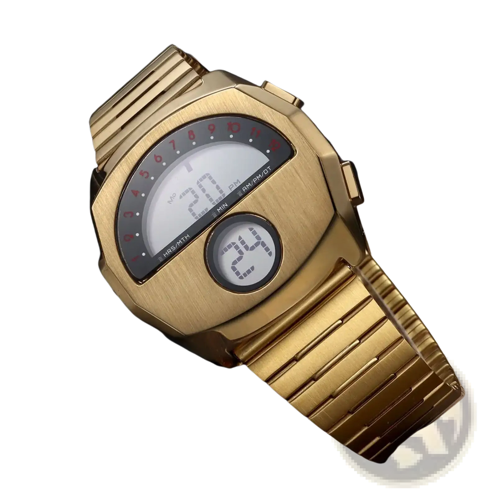 Megir men stainless steel digital watch with gold-toned brushed metal case bracelet and dual displays with red hour markers