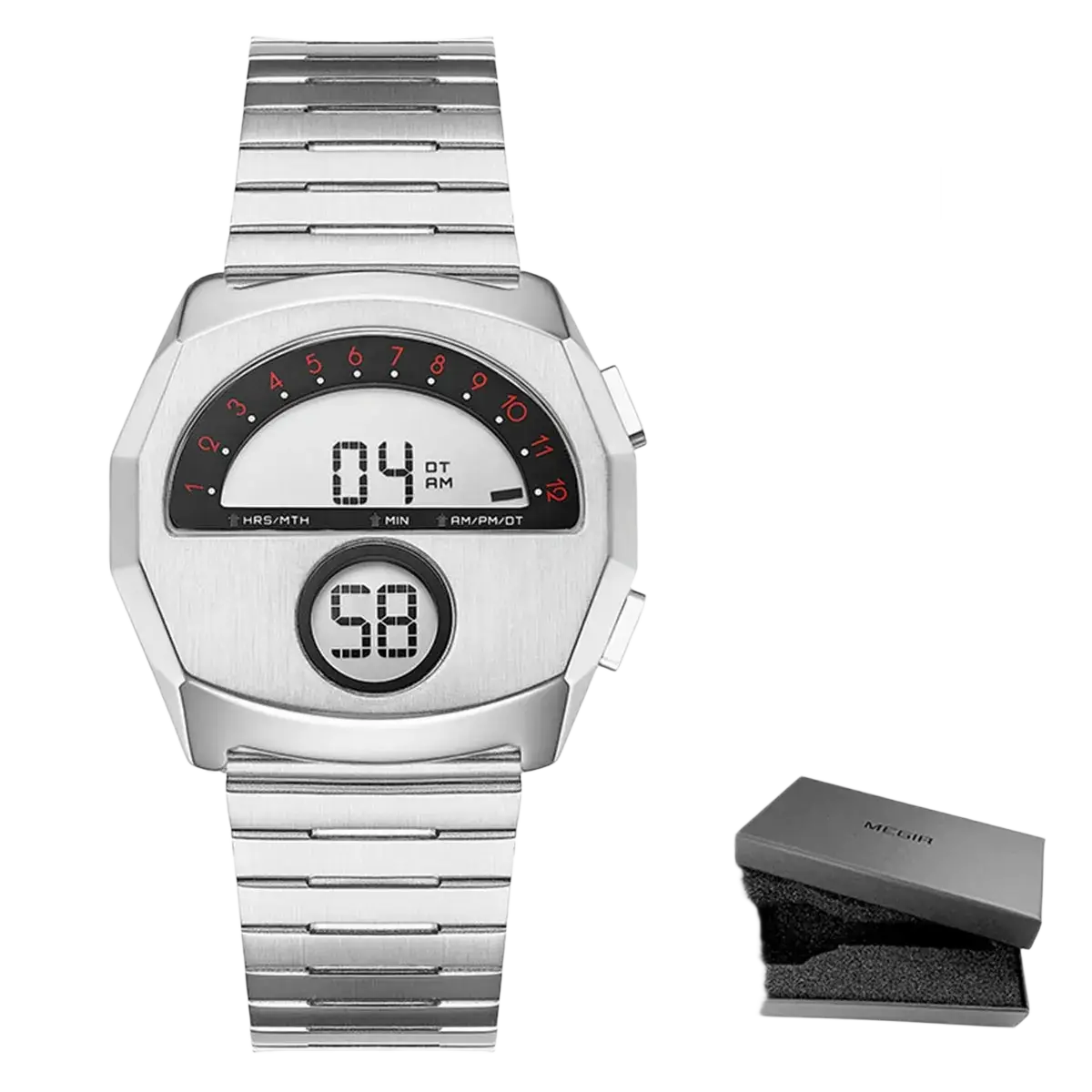Megir men stainless steel digital watch with silver angular case and band featuring bold red numerals on analog dial