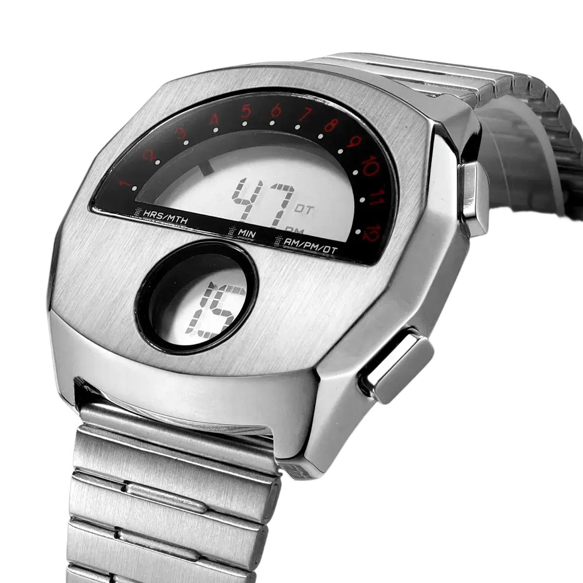 Megir men stainless steel digital watch with a silver brushed metal case and bracelet featuring red numerals