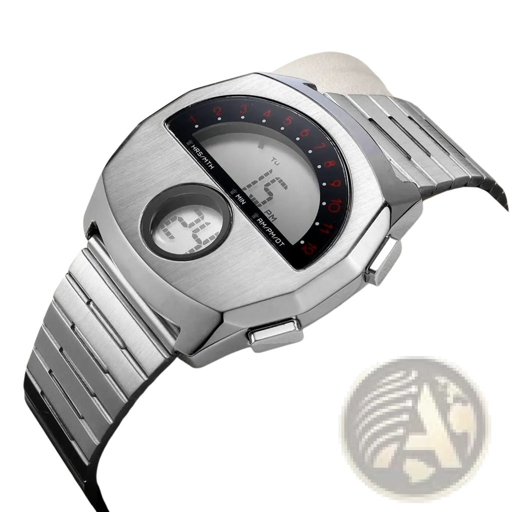Megir men stainless steel digital watch with silver-toned brushed metal case, red numerals, and 24-hour led display