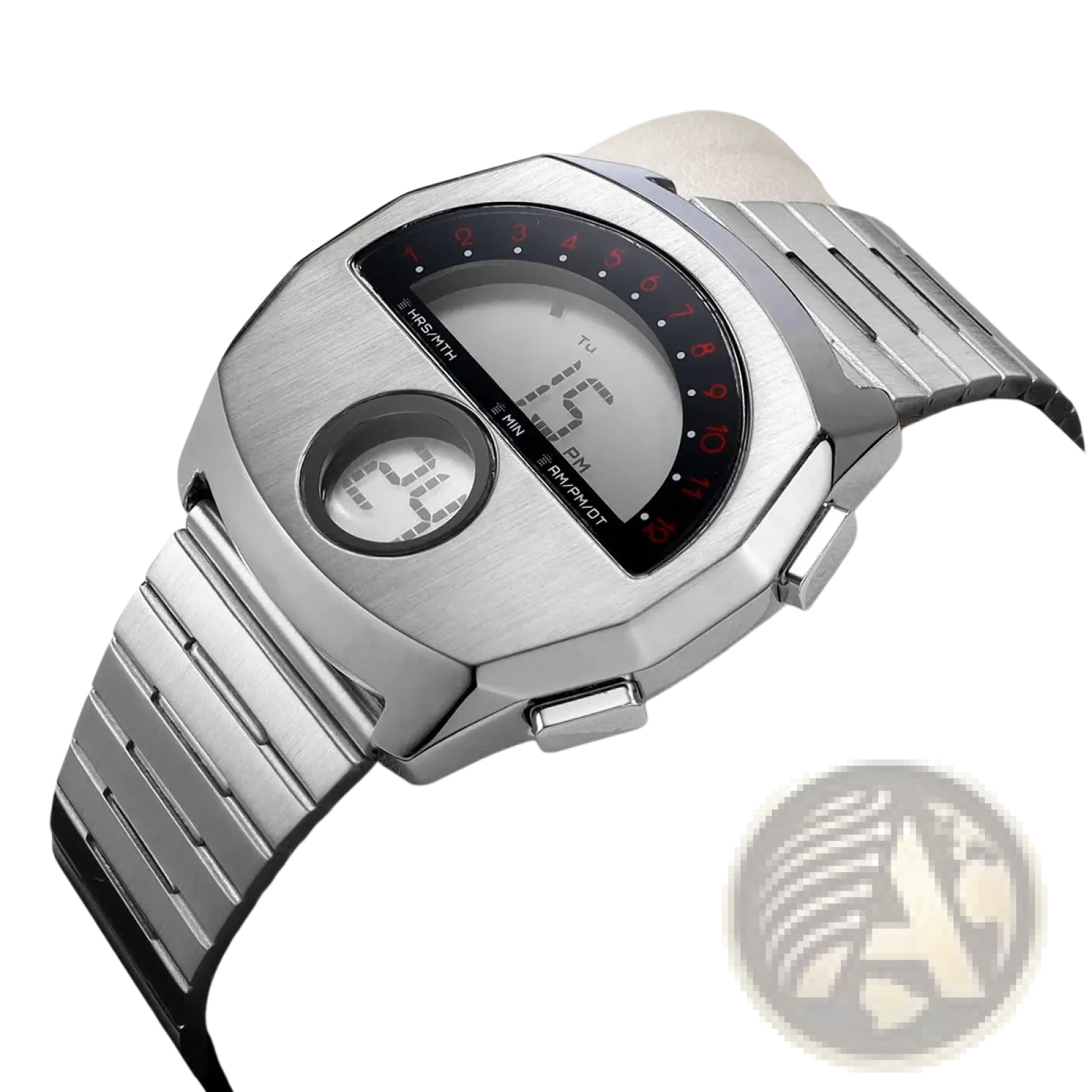 Megir men stainless steel digital watch with silver-toned brushed metal case, red numerals, and 24-hour led display
