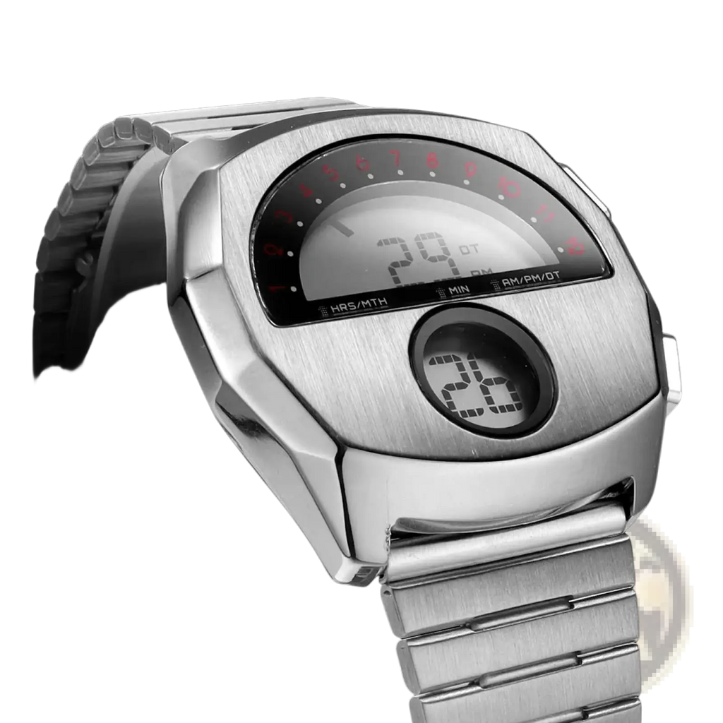 Megir men stainless steel digital watch with silver-toned brushed metal case and bracelet and red time display