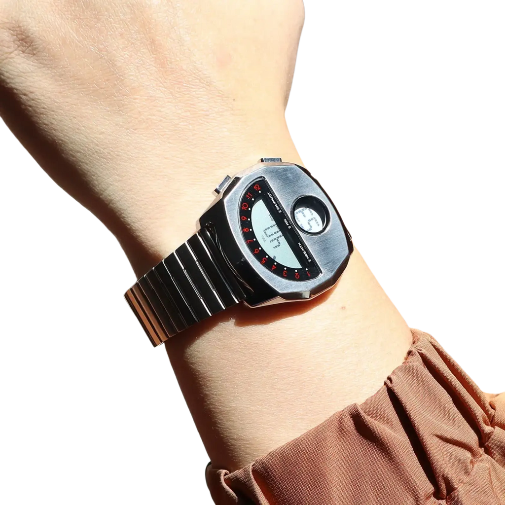 Megir men stainless steel digital watch with a sleek silver body black face red numerals and analog sub-dial