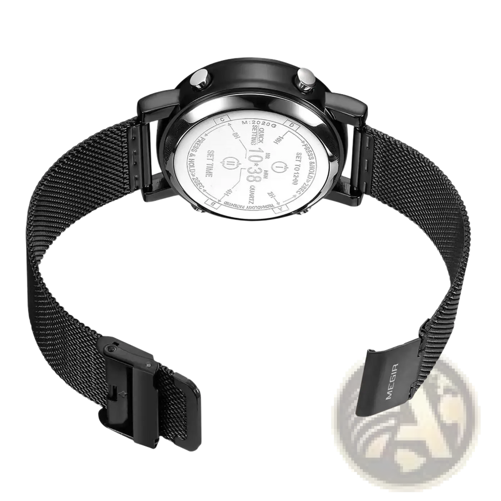 Black mesh metal band with sleek modern design and megir engraving on clasp for megir military quartz watch brown leather