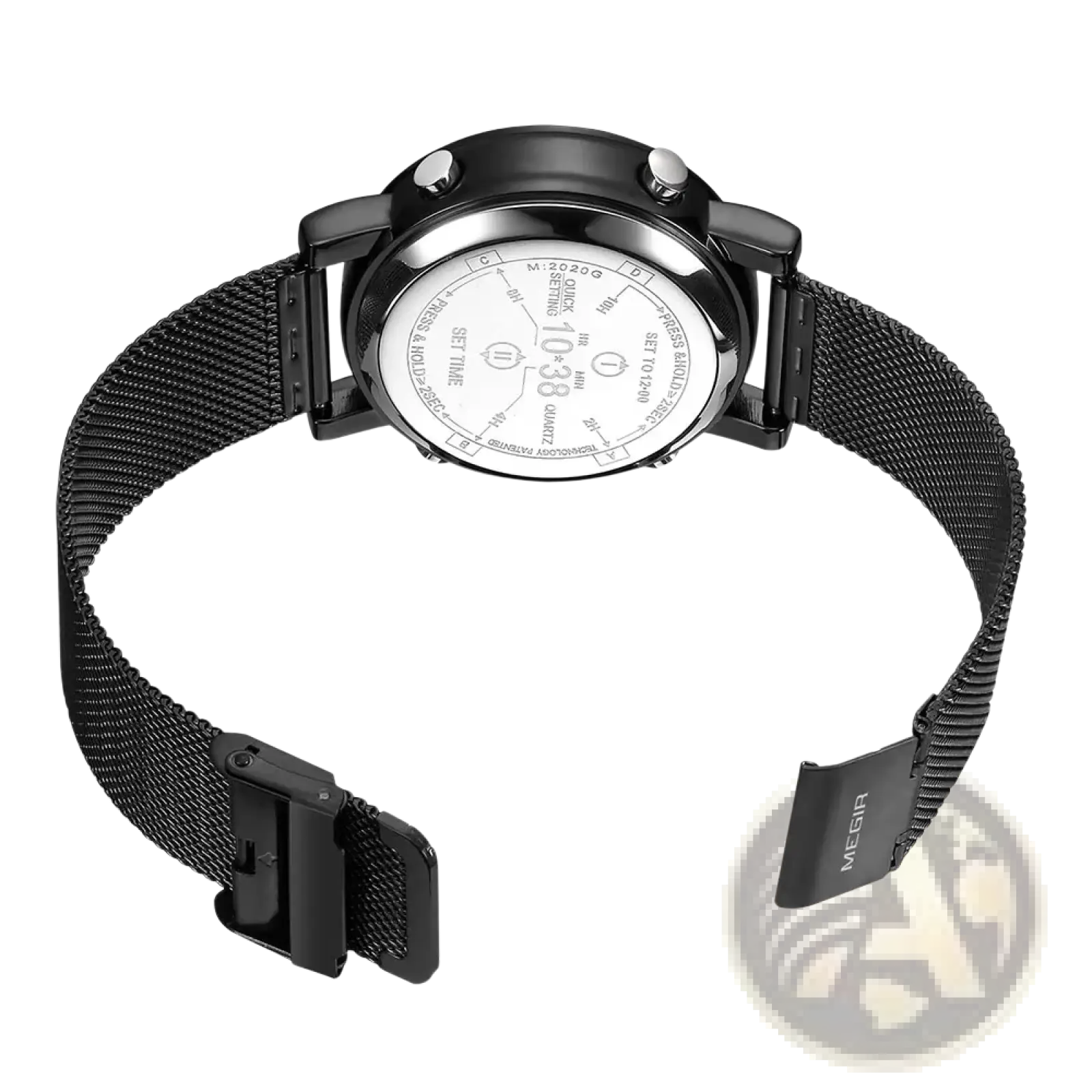 Black mesh metal band with sleek modern design and megir engraving on clasp for megir military quartz watch brown leather