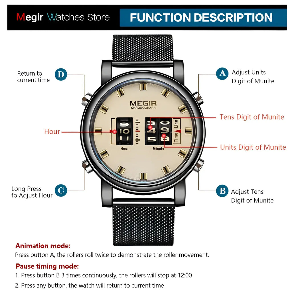 Megir military quartz watch with black mesh strap chronograph beige dial and gold-tone hour markers