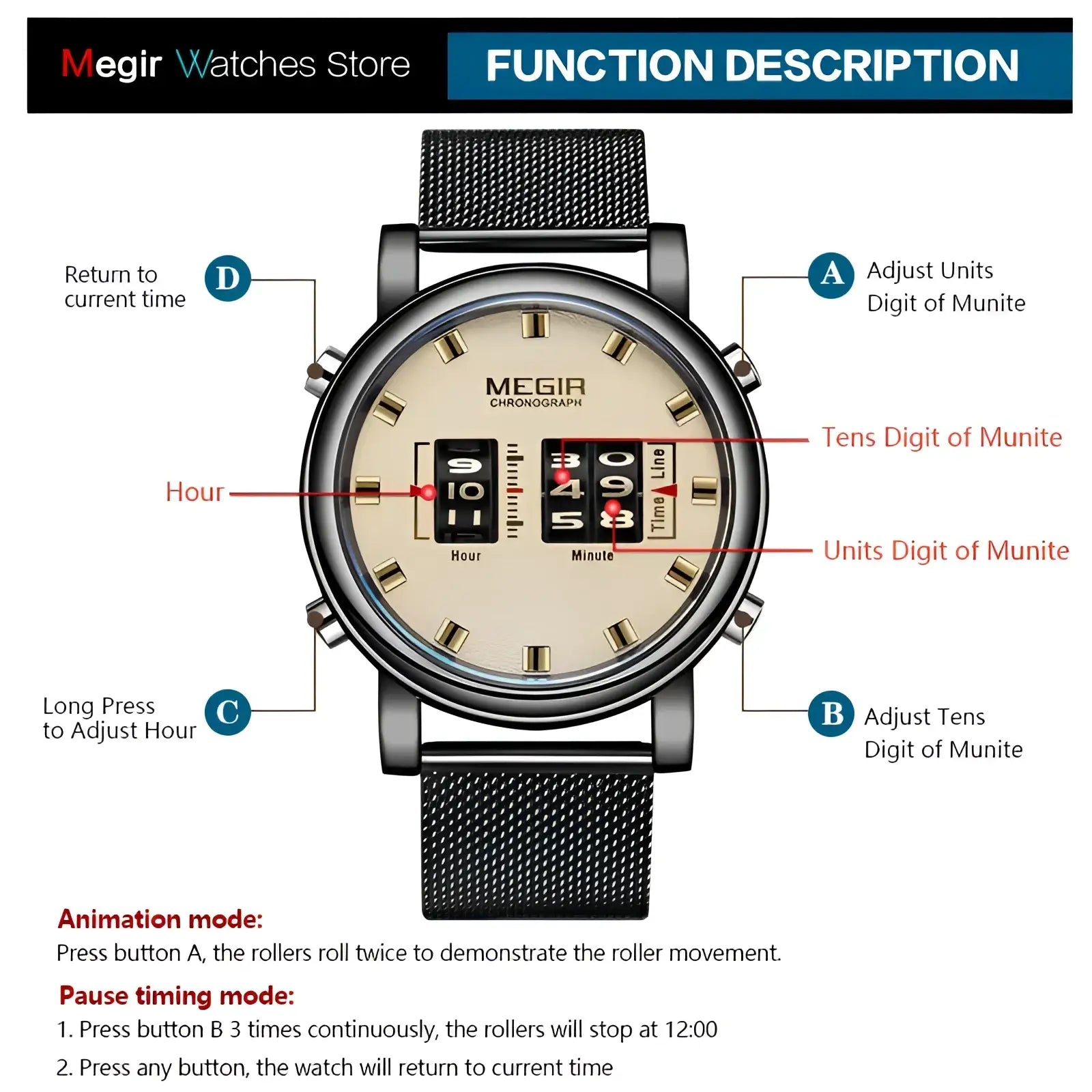 Megir military quartz watch with black mesh strap chronograph beige dial and gold-tone hour markers