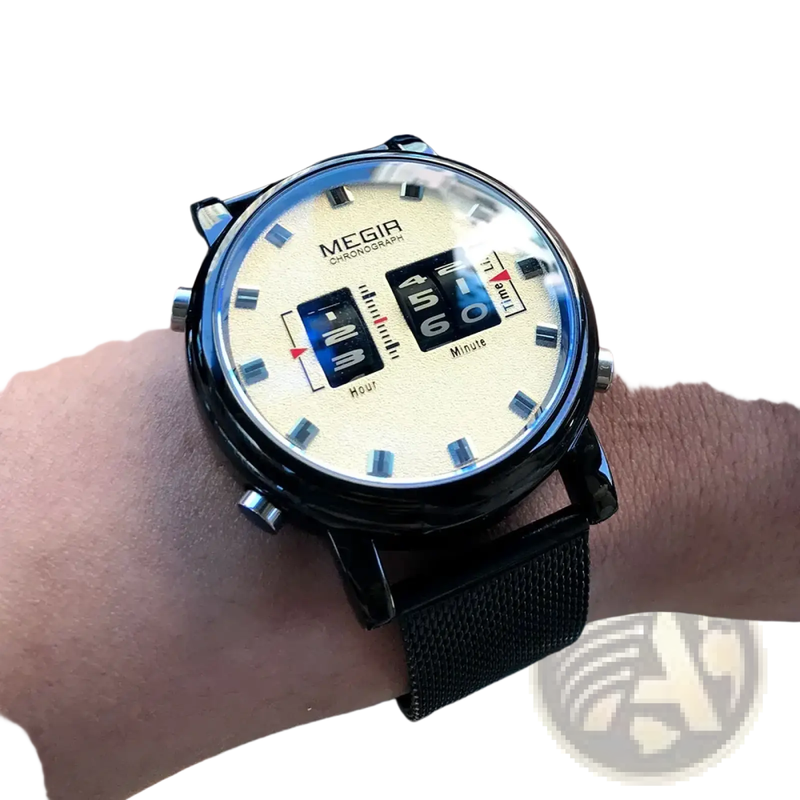 Megir military quartz watch with black mesh strap cream dial and digital analog chronograph display