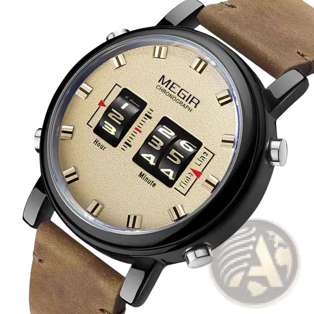 Megir military quartz watch with beige textured dial, black digital displays, silver-tone case, and brown leather strap