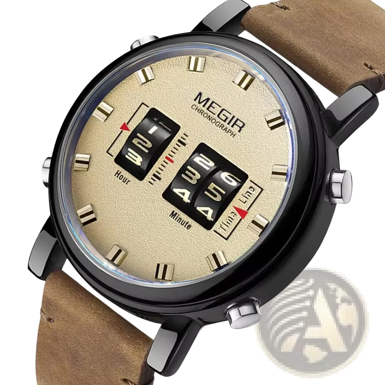 Megir military quartz watch with beige textured dial, black digital displays, silver-tone case, and brown leather strap