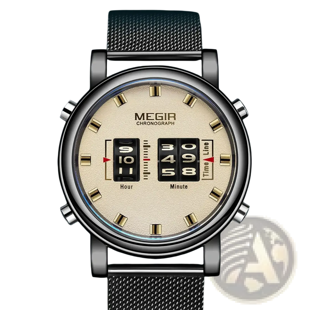 Megir military quartz watch with cream dial, gold numerals, black digital displays, silver mesh band, and three side pushers