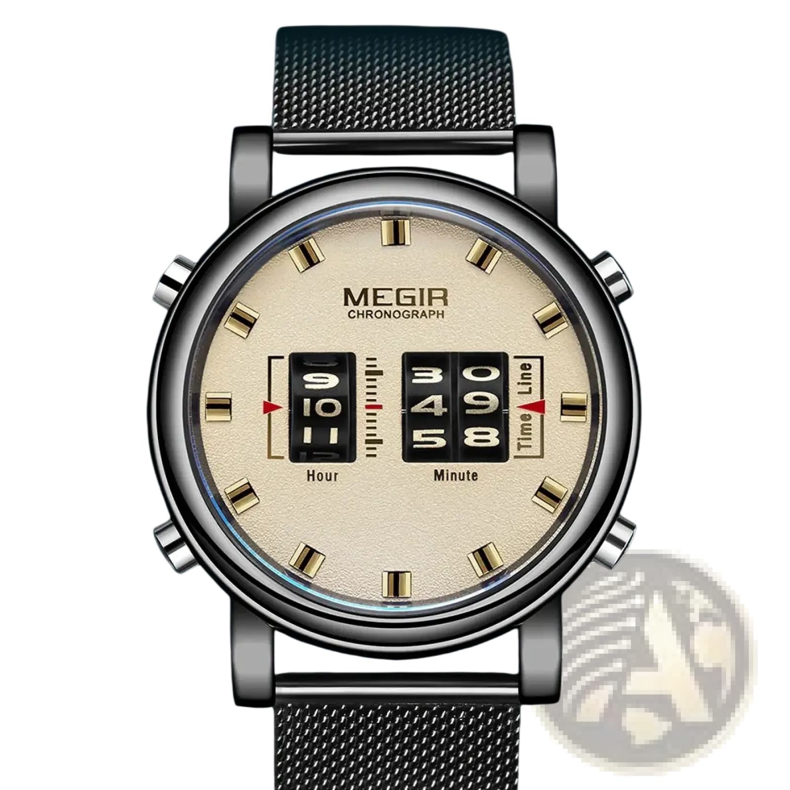 Megir military quartz watch with cream dial, gold numerals, black digital displays, silver mesh band, and three side pushers