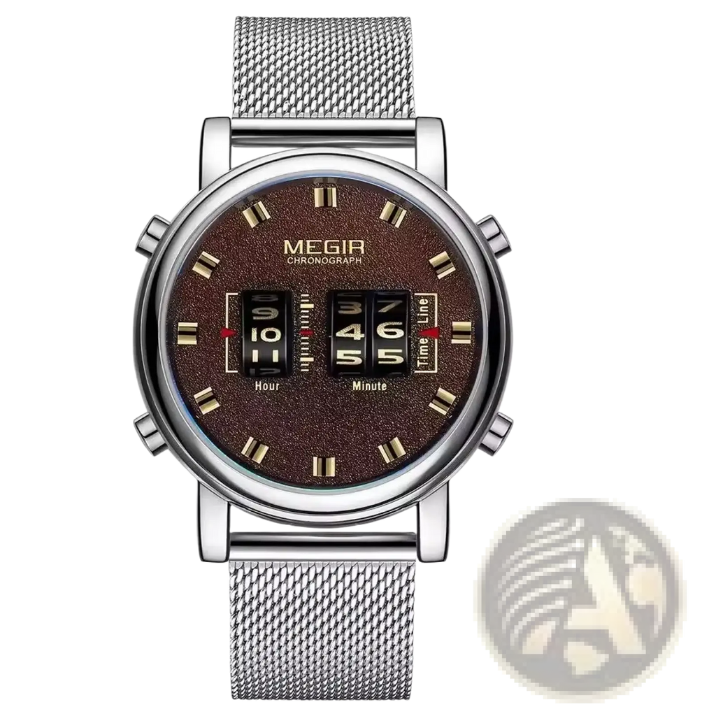 Megir military quartz watch with silver mesh strap brown textured dial gold-tone markers and black digital time display