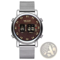 Megir military quartz watch with silver mesh strap brown textured dial gold-tone markers and black digital time display