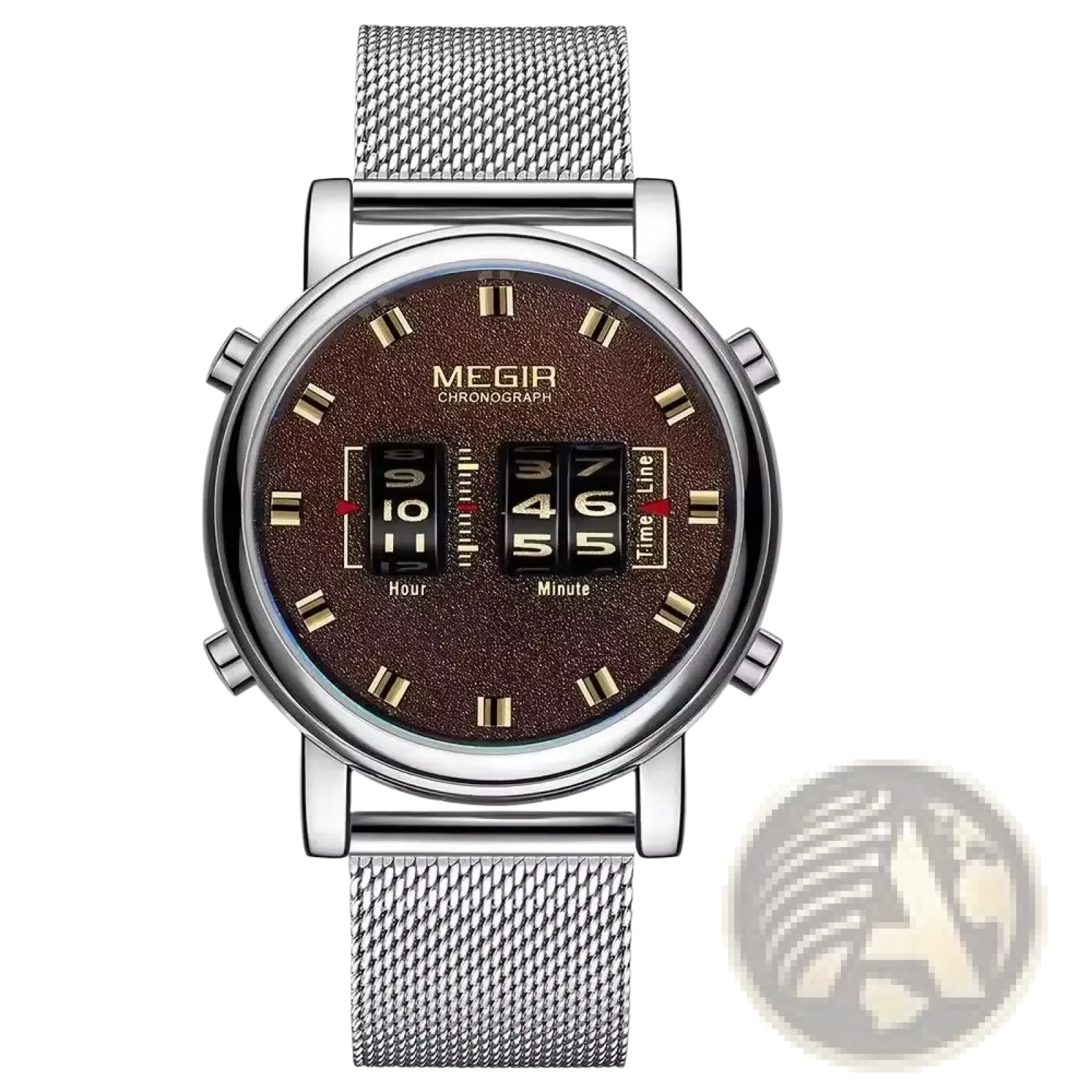 Megir military quartz watch with silver mesh strap brown textured dial gold-tone markers and black digital time display