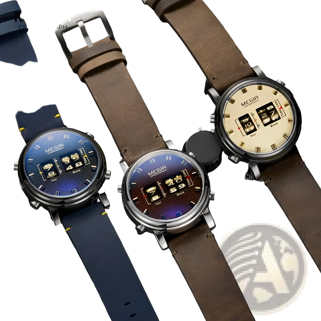 Three megir military quartz chronograph watches with blue brown gradient and cream dials and leather straps