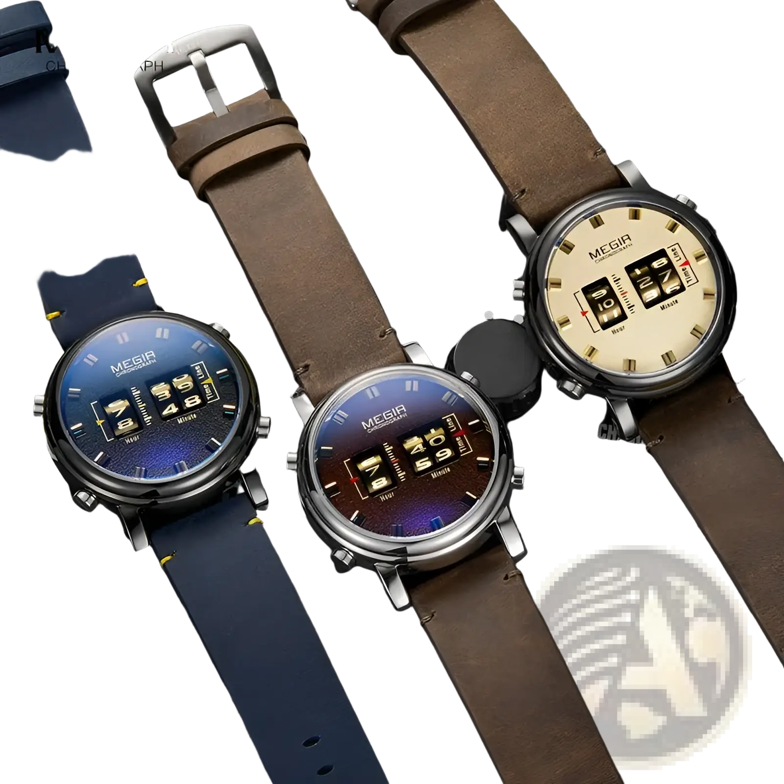 Three megir military quartz chronograph watches with blue brown gradient and cream dials and leather straps